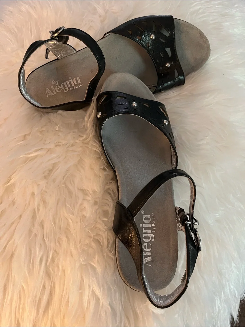 Alegria Black Cutout Platform Sandals with Stud Accent